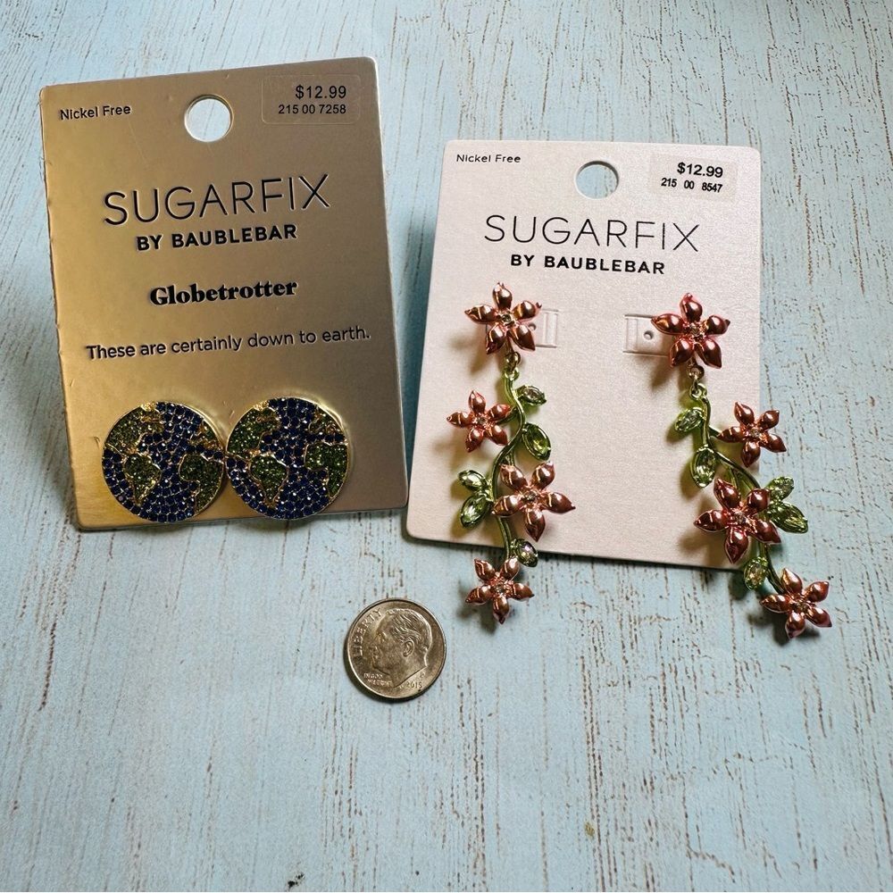 Sugarfix 2 Pair Earring Lot Globetrotter Crystal Earth Posts Enamel Flower Vine‎